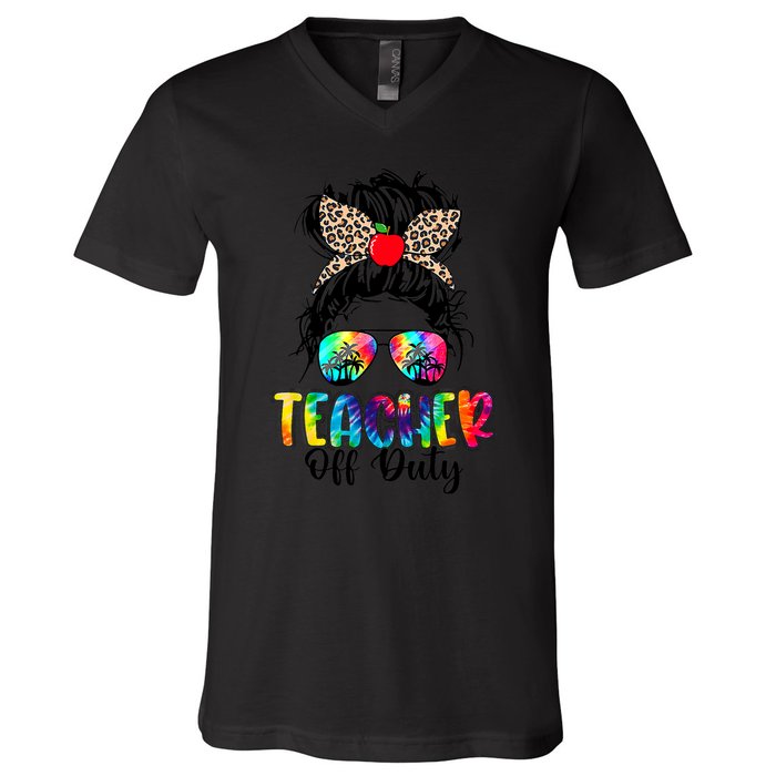 Teacher Off Duty Leopard Messy Bun Last Day School Tie Dye V-Neck T-Shirt