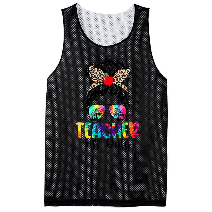 Teacher Off Duty Leopard Messy Bun Last Day School Tie Dye Mesh Reversible Basketball Jersey Tank