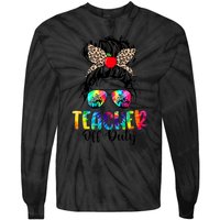 Teacher Off Duty Leopard Messy Bun Last Day School Tie Dye Tie-Dye Long Sleeve Shirt