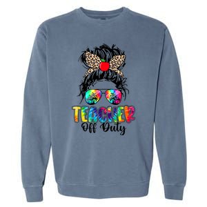 Teacher Off Duty Leopard Messy Bun Last Day School Tie Dye Garment-Dyed Sweatshirt