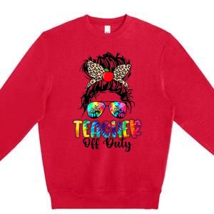 Teacher Off Duty Leopard Messy Bun Last Day School Tie Dye Premium Crewneck Sweatshirt