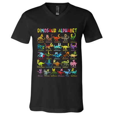 Types Of Dinosaurs Alphabet AZ ABC Dino Identification V-Neck T-Shirt