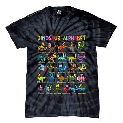 Types Of Dinosaurs Alphabet AZ ABC Dino Identification Tie-Dye T-Shirt