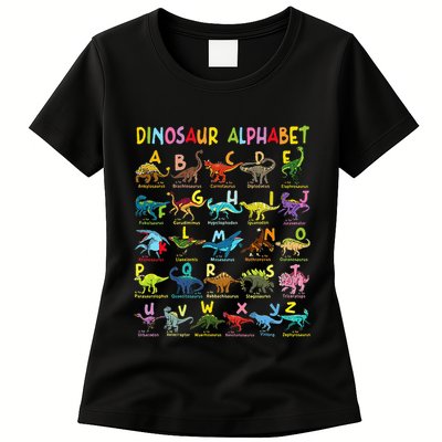 Types Of Dinosaurs Alphabet AZ ABC Dino Identification Womens T-Shirt