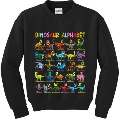 Types Of Dinosaurs Alphabet AZ ABC Dino Identification Kids Sweatshirt