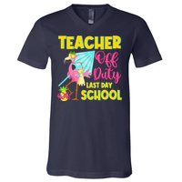 Teacher Off Duty Last Day Of School Flamingo Summer Teacher V-Neck T-Shirt