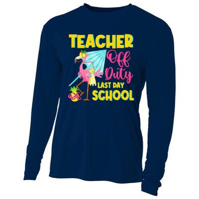 Teacher Off Duty Last Day Of School Flamingo Summer Teacher Cooling Performance Long Sleeve Crew