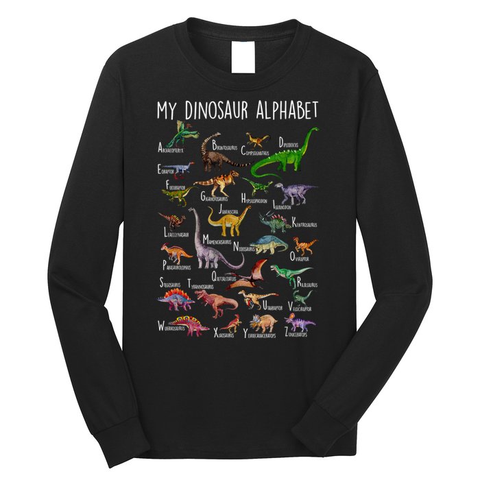Types Of Dinosaurs Alphabet A Z Abc Dino Rex Identification Long Sleeve Shirt