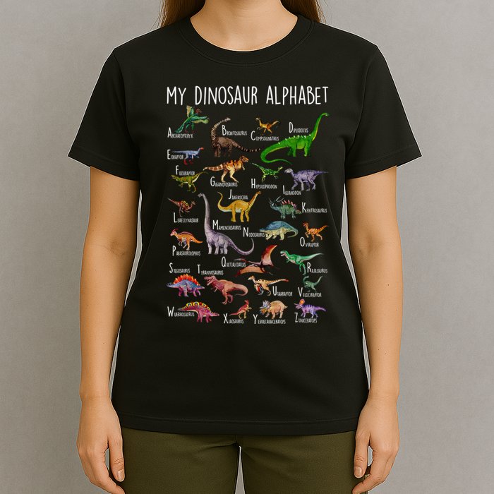 Types Of Dinosaurs Alphabet A Z Abc Dino Rex Identification T-Shirt