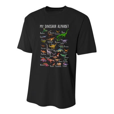 Types Of Dinosaurs Alphabet A Z Abc Dino Rex Identification Youth Performance Sprint T-Shirt