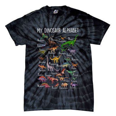 Types Of Dinosaurs Alphabet A Z Abc Dino Rex Identification Tie-Dye T-Shirt