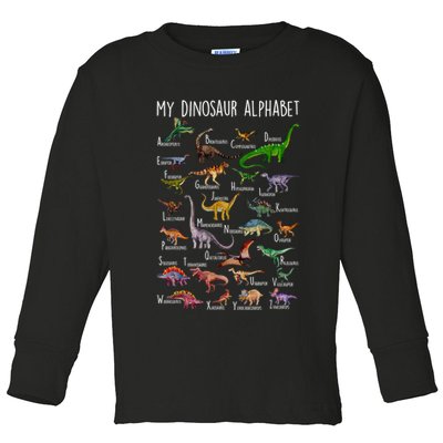 Types Of Dinosaurs Alphabet A Z Abc Dino Rex Identification Toddler Long Sleeve Shirt