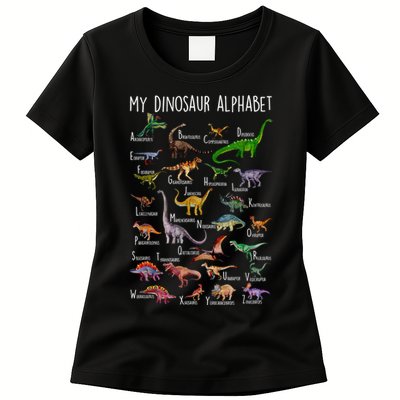 Types Of Dinosaurs Alphabet A Z Abc Dino Rex Identification Womens T-Shirt