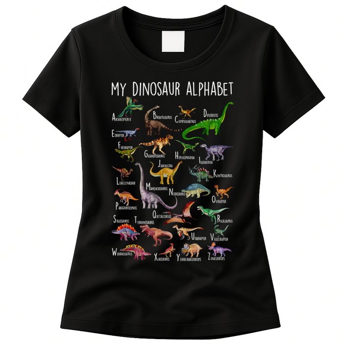 Types Of Dinosaurs Alphabet A Z Abc Dino Rex Identification Womens T-Shirt