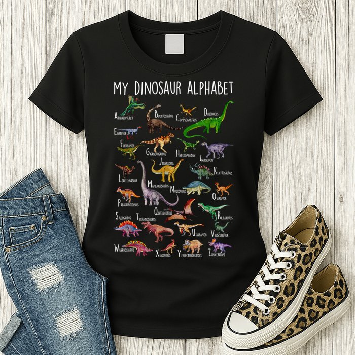 Types Of Dinosaurs Alphabet A Z Abc Dino Rex Identification Womens T-Shirt