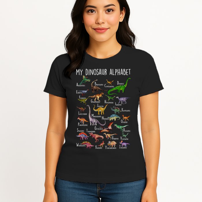 Types Of Dinosaurs Alphabet A Z Abc Dino Rex Identification Womens T-Shirt