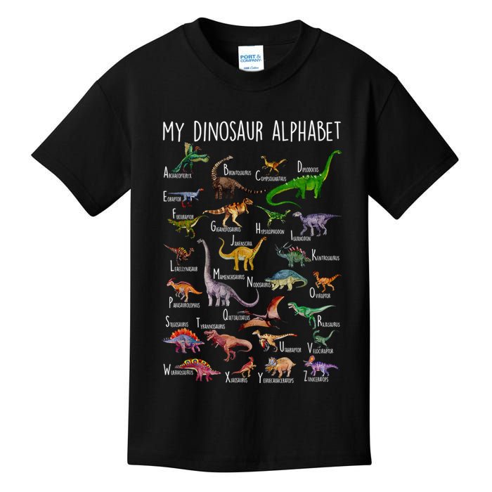 Types Of Dinosaurs Alphabet A Z Abc Dino Rex Identification Kids T-Shirt