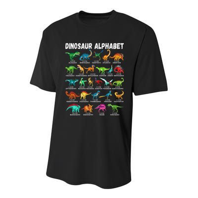 Types Of Dinosaurs Alphabet A Z ABC Dino Identification Youth Performance Sprint T-Shirt