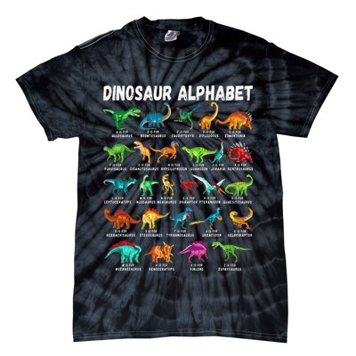 Types Of Dinosaurs Alphabet A Z ABC Dino Identification Tie-Dye T-Shirt