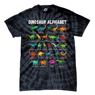 Types Of Dinosaurs Alphabet A Z ABC Dino Identification Tie-Dye T-Shirt