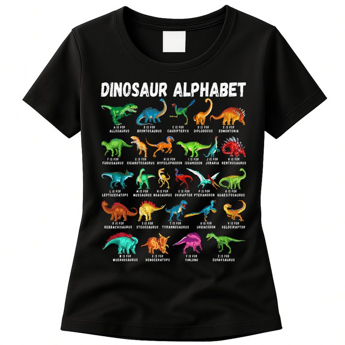 Types Of Dinosaurs Alphabet A Z ABC Dino Identification Womens T-Shirt