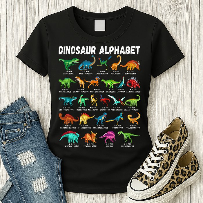 Types Of Dinosaurs Alphabet A Z ABC Dino Identification Womens T-Shirt