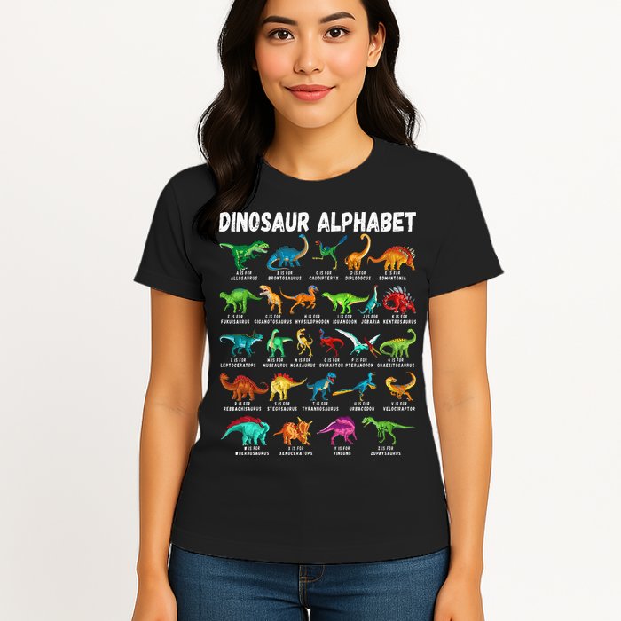 Types Of Dinosaurs Alphabet A Z ABC Dino Identification Womens T-Shirt