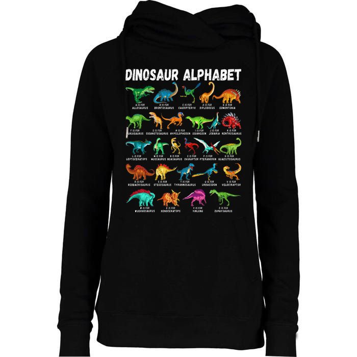 Types Of Dinosaurs Alphabet Az Abc Dino Identification Womens Funnel Neck Pullover Hood