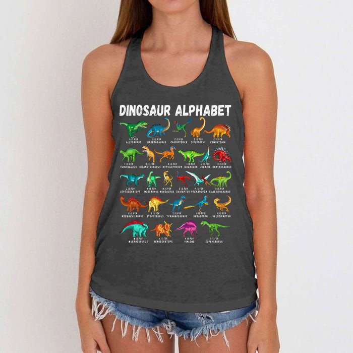 Types Of Dinosaurs Alphabet Az Abc Dino Identification Women's Knotted Racerback Tank