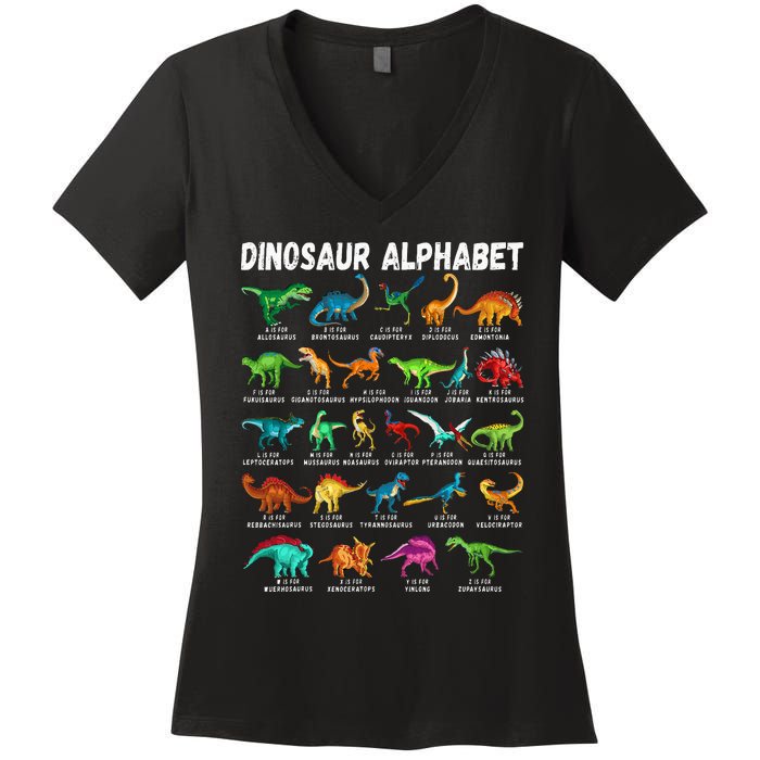 Types Of Dinosaurs Alphabet Az Abc Dino Identification Women's V-Neck T-Shirt