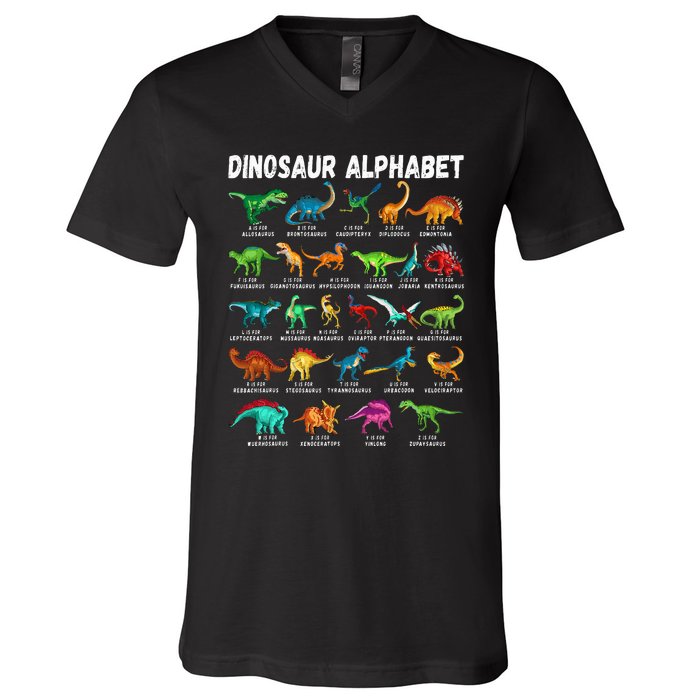 Types Of Dinosaurs Alphabet Az Abc Dino Identification V-Neck T-Shirt