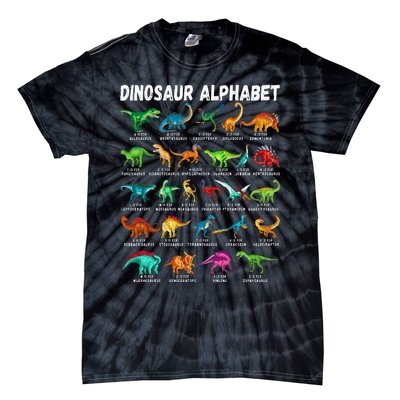 Types Of Dinosaurs Alphabet Az Abc Dino Identification Tie-Dye T-Shirt