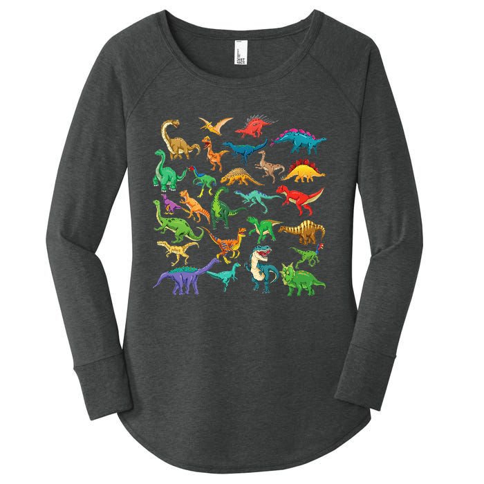 Types Of Dinosaurs Graphics Dino Identification Women's Perfect Tri Tunic Long Sleeve Shirt