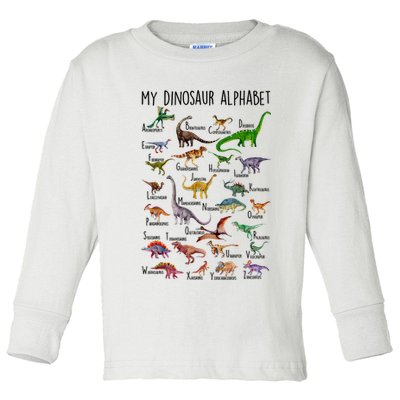 Types Of Dinosaurs Alphabet A Z Abc Dino Identification Toddler Long Sleeve Shirt
