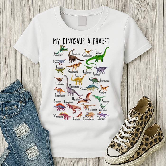 Types Of Dinosaurs Alphabet A Z Abc Dino Identification Womens T-Shirt