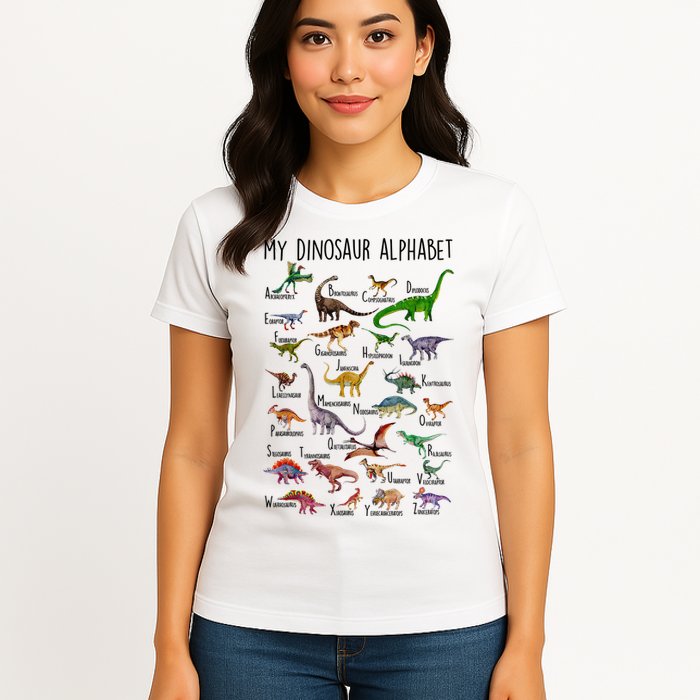 Types Of Dinosaurs Alphabet A Z Abc Dino Identification Womens T-Shirt
