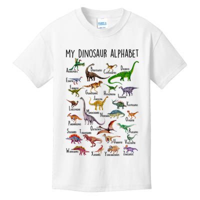 Types Of Dinosaurs Alphabet A Z Abc Dino Identification Kids T-Shirt