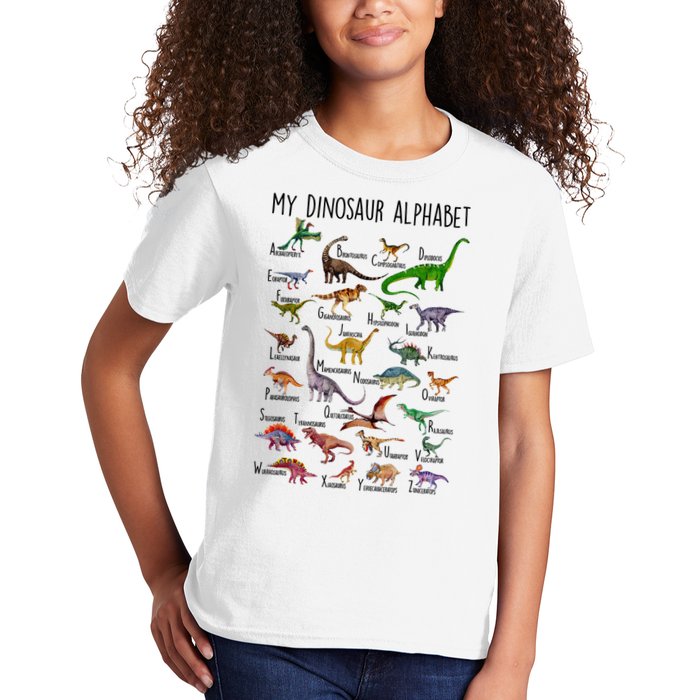 Types Of Dinosaurs Alphabet A Z Abc Dino Identification Kids T-Shirt