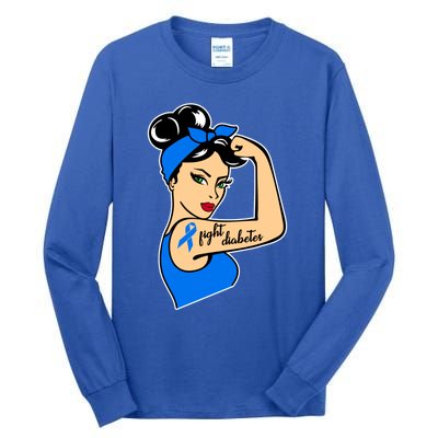 Type One Diabetes Awareness Month Rosie Riveter Blue Ribbon Gift Tall Long Sleeve T-Shirt