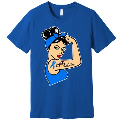 Type One Diabetes Awareness Month Rosie Riveter Blue Ribbon Gift Premium T-Shirt