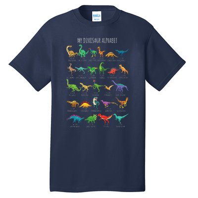 Types Of Dinosaurs Alphabet Az Abc Dino Identification Tall T-Shirt