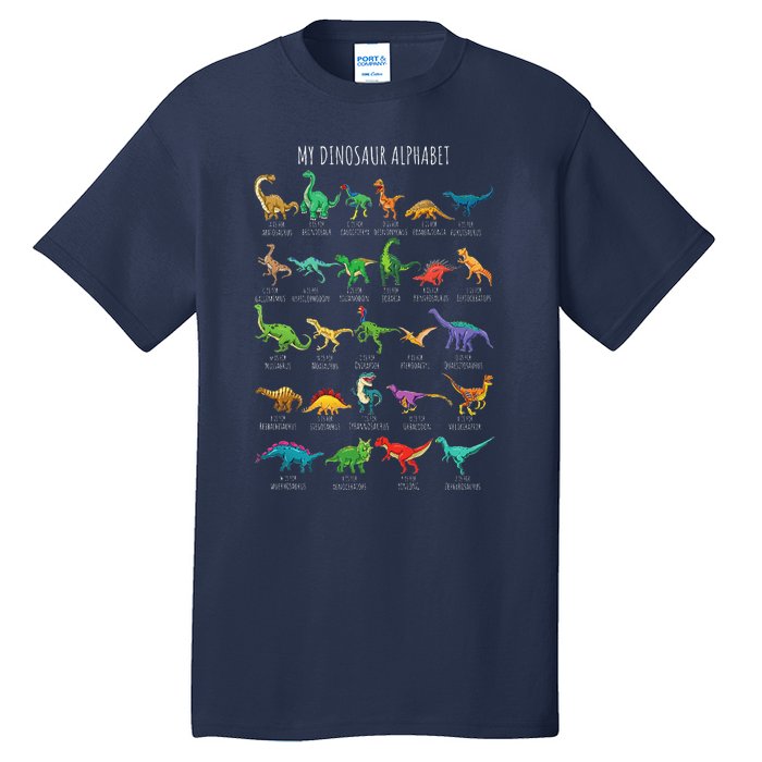 Types Of Dinosaurs Alphabet Az Abc Dino Identification Tall T-Shirt