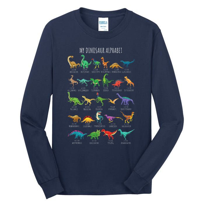 Types Of Dinosaurs Alphabet Az Abc Dino Identification Tall Long Sleeve T-Shirt