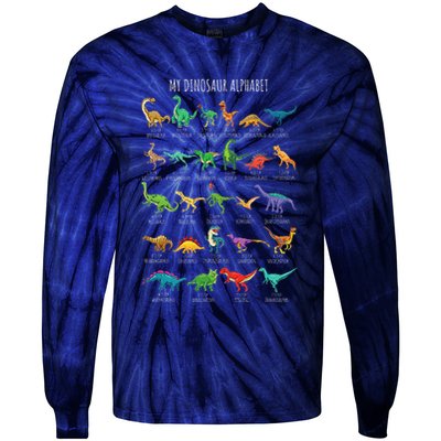 Types Of Dinosaurs Alphabet Az Abc Dino Identification Tie-Dye Long Sleeve Shirt