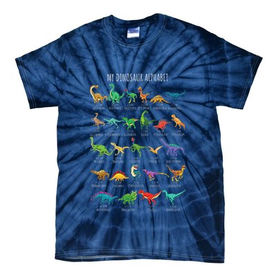 Types Of Dinosaurs Alphabet Az Abc Dino Identification Tie-Dye T-Shirt