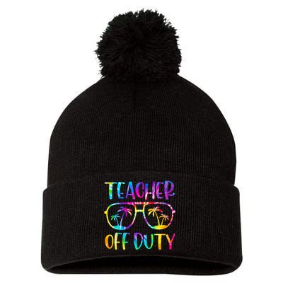 Teacher Off Duty Summer Last Day Of School Tie Dye Glasses Pom Pom 12in Knit Beanie