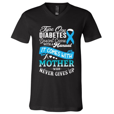 Type One Diabetes For Mother Blue Ribbon Diabetic T1D Mom V-Neck T-Shirt