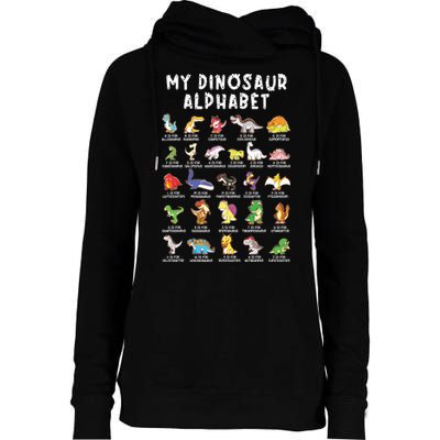 Types Of Dinosaurs Alphabet Dino Identification Womens Funnel Neck Pullover Hood