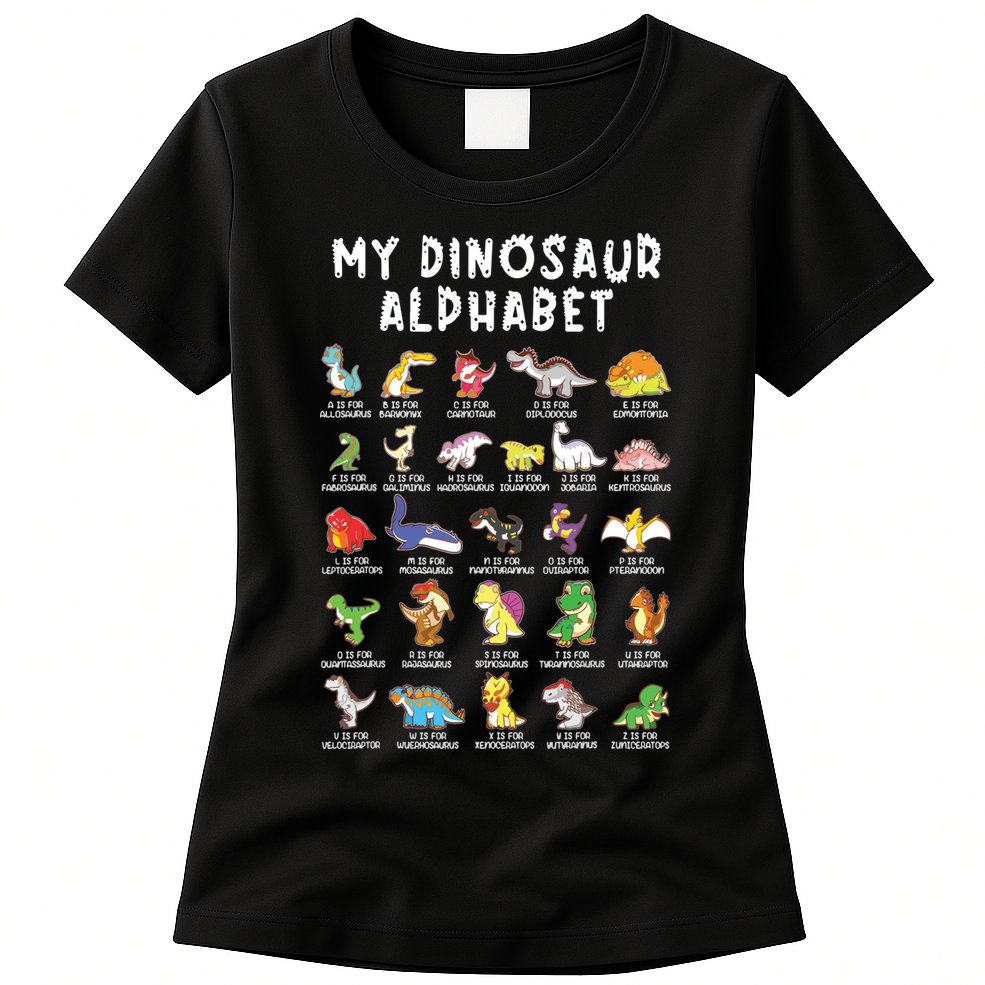 Types Of Dinosaurs Alphabet Dino Identification Womens T-Shirt