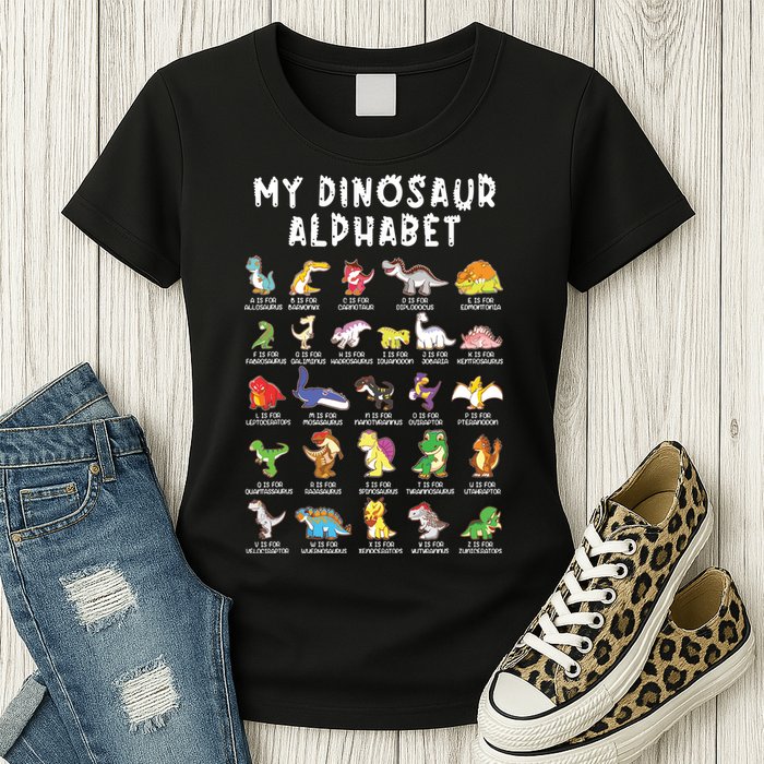 Types Of Dinosaurs Alphabet Dino Identification Womens T-Shirt